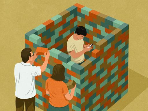 Illustration: Eltern stehen vor einer quadratisch geformten Backsteinmauer, die Ihren Sohn umringt. Dieser schaut widerum gebannt auf sein Handy. 