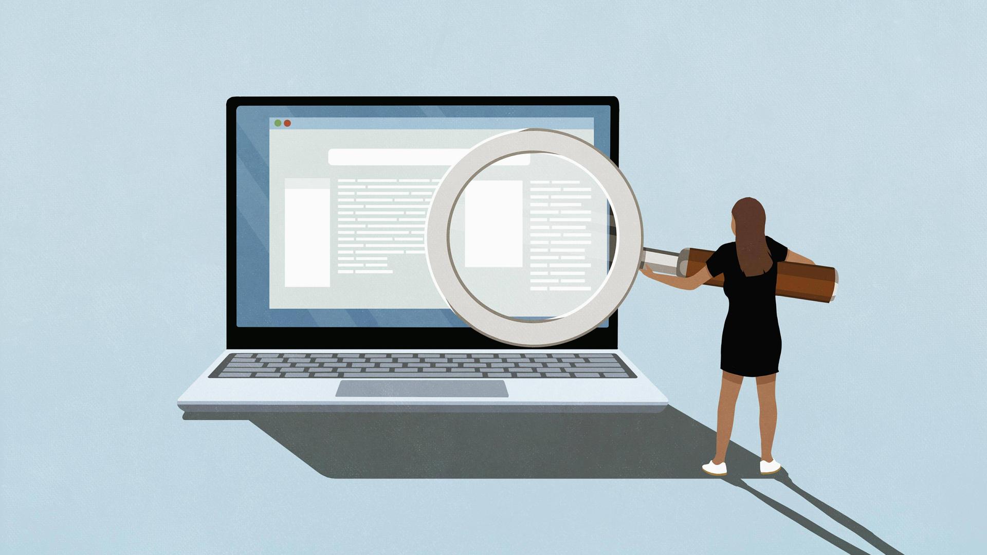 Illustration: Eine Frau hält eine riesengroße Lupe vor einen Laptopbildschirm