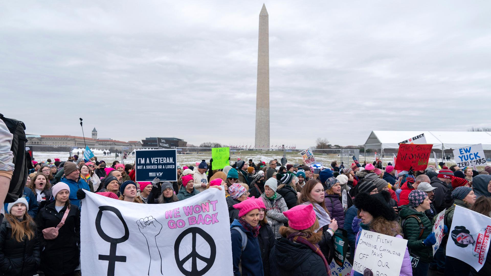 Demonstrationsteilnehmerinnen mit Plakaten und Spruchbändern, im Hintergrund der Obelisk in Washington