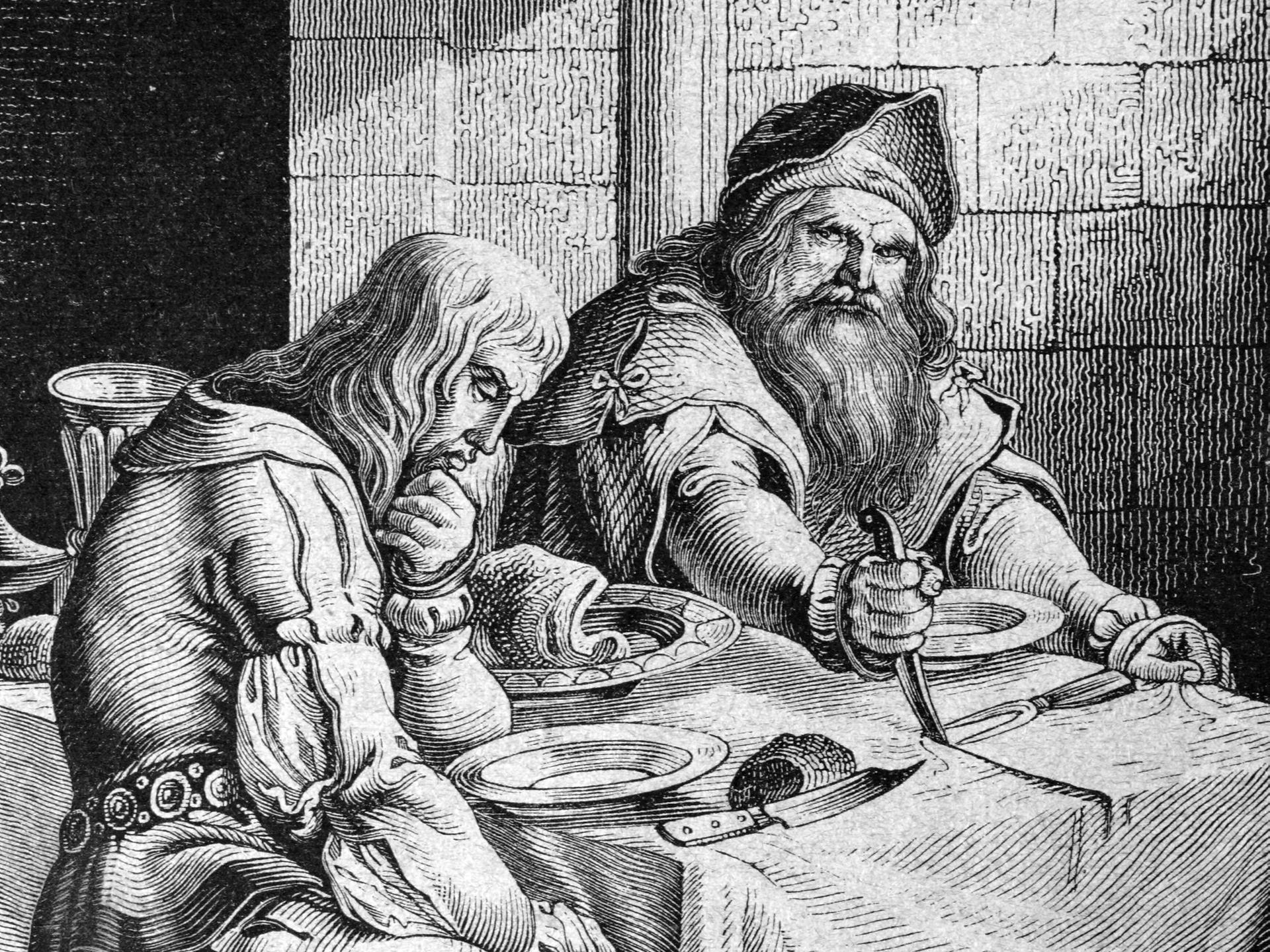 Historisches Dokument der Zeitgeschichte, Graf Eberhardt der Greiner von Wuerttemberg zerschneidet das Tischtuch zwischen sich und seinem Sohn, Historisches Bild aus ca 1886