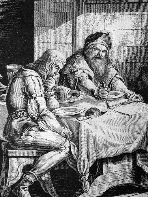 Historisches Dokument der Zeitgeschichte, Graf Eberhardt der Greiner von Wuerttemberg zerschneidet das Tischtuch zwischen sich und seinem Sohn, Historisches Bild aus ca 1886