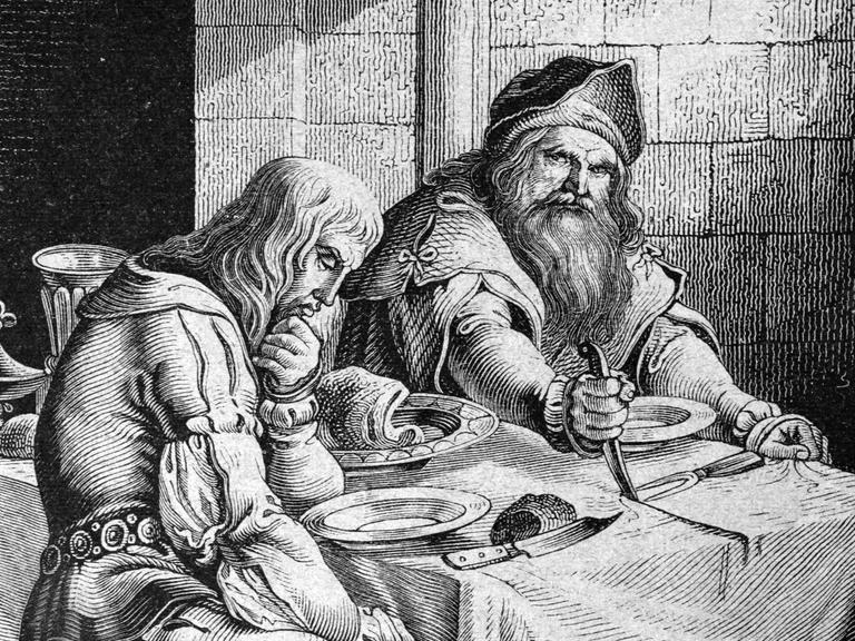 Historisches Dokument der Zeitgeschichte, Graf Eberhardt der Greiner von Wuerttemberg zerschneidet das Tischtuch zwischen sich und seinem Sohn, Historisches Bild aus ca 1886