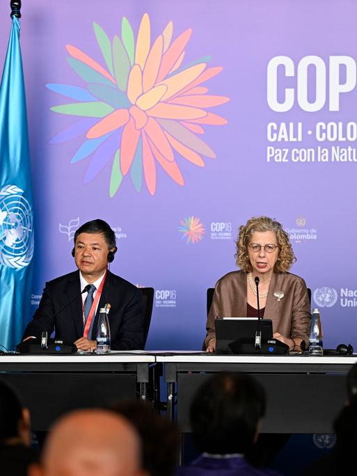 Der chinesische Minister für Ökologie und Umwelt (2vl) und die Direktorin des UN Umwelt Programms Inger Andersen (2vr) bei einer Pressekonferenz im Rahmen von Cop16 in Kolumbien.