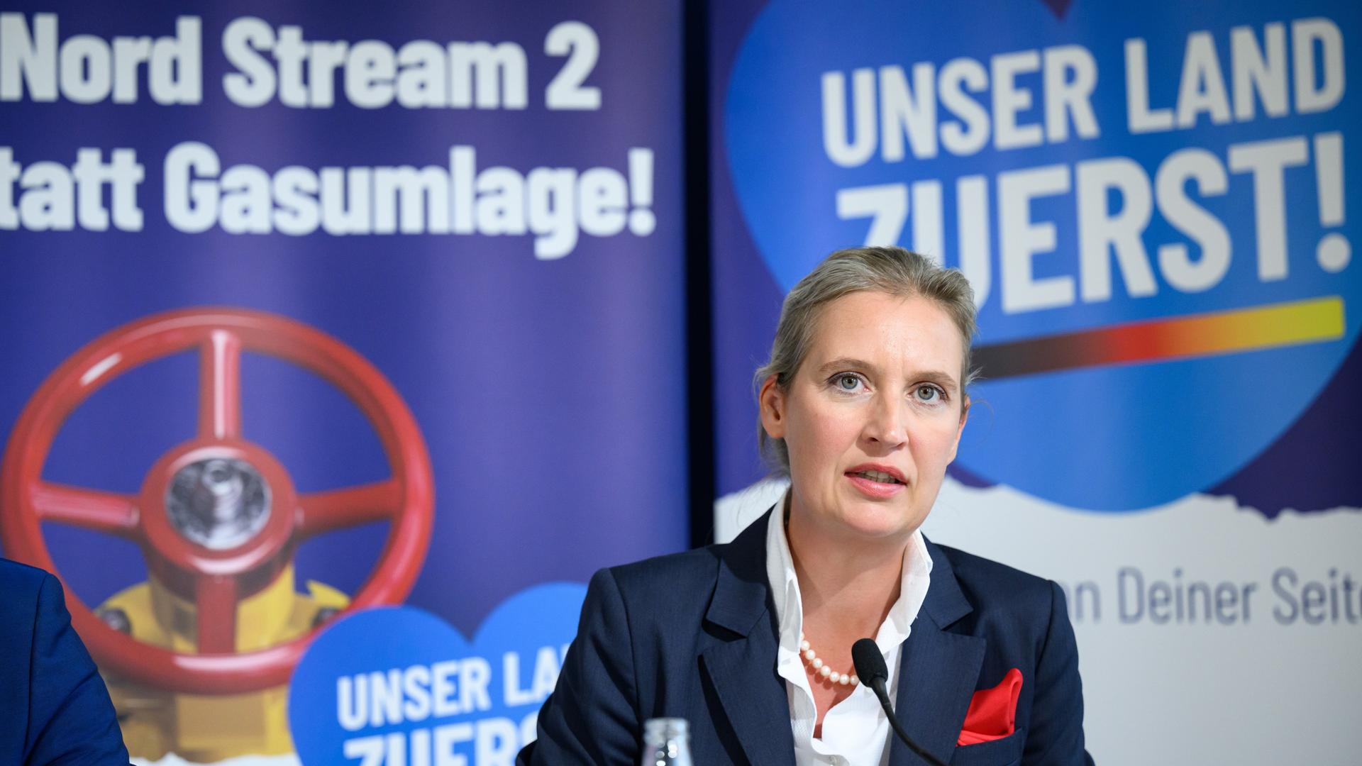 AfD-Co-Vorsitzende Alice Weidel präsentiert die Partei-Kampagne "Unser Land zuerst" am 8. September 2022