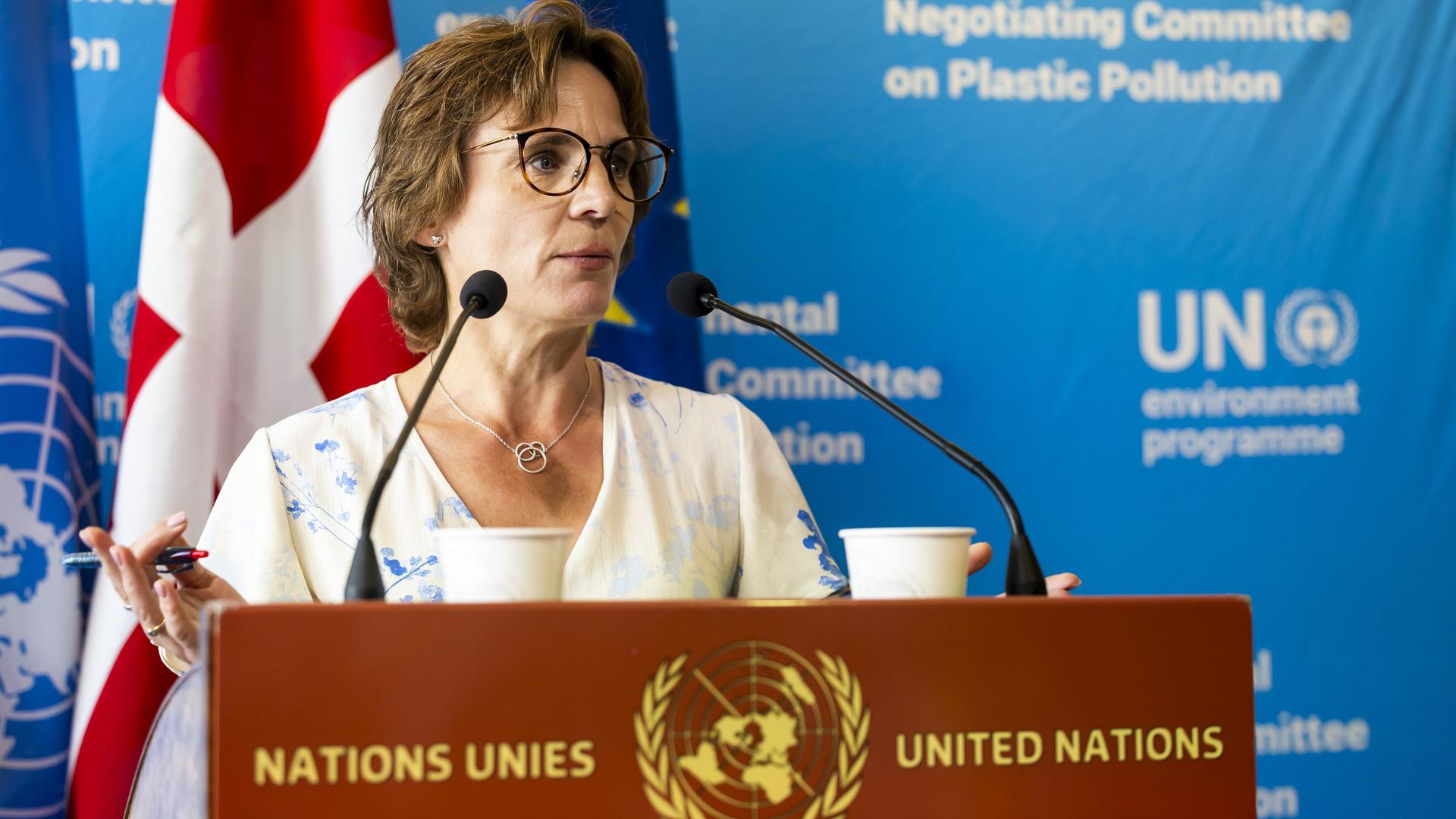 EU-Umweltkommissarin Roswall steht bei den Plastikverhandlungen in Genf hinter einem Rednerpult. EU-Umweltkommissarin Roswall steht bei den Plastikverhandlungen in Genf hinter einem Rednerpult.