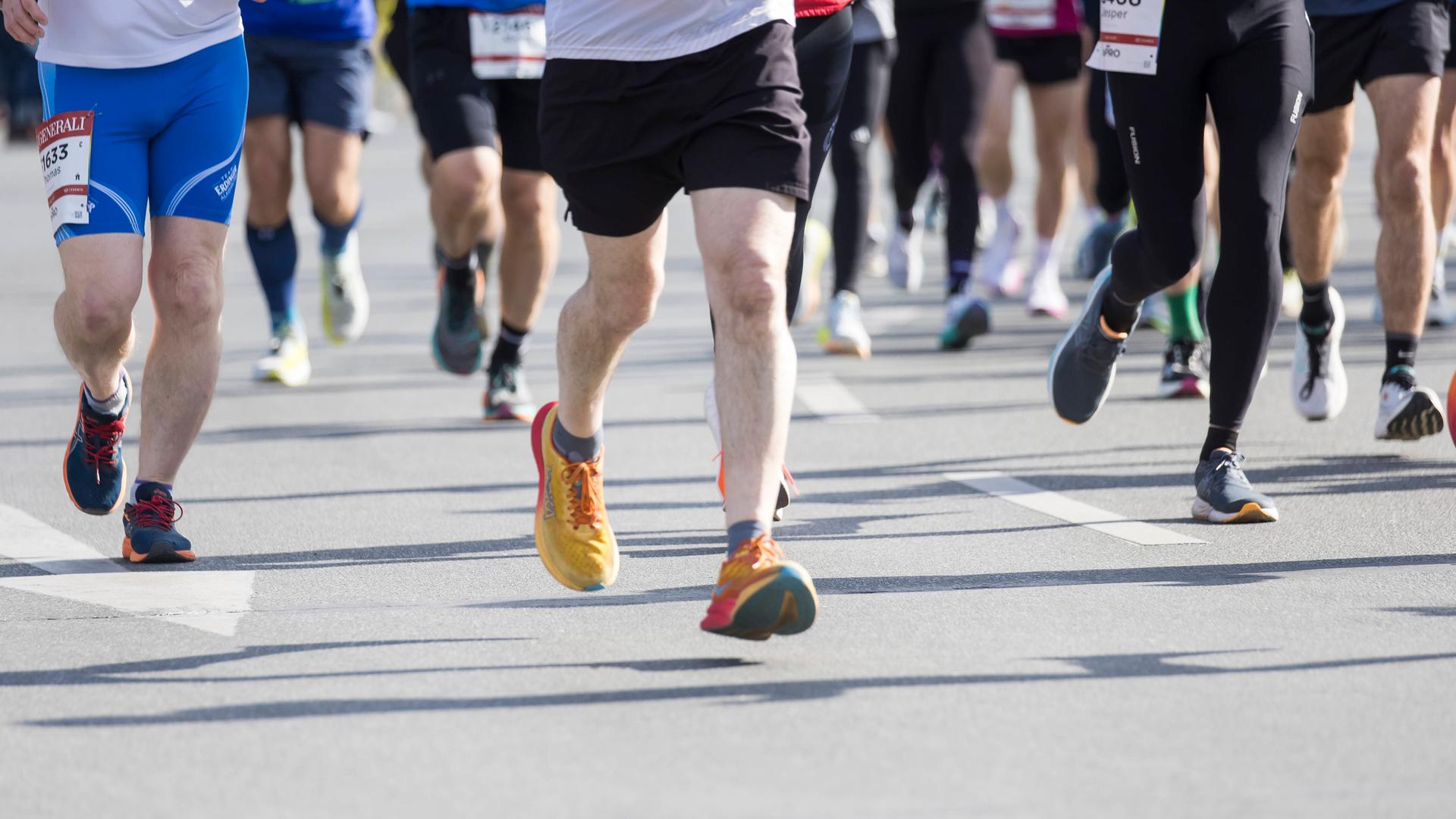 Mehrere Läufer sind an einem Halbmarathon in Aktion, die Unterschenkel mit Laufschuhen sind fokussiert. Mehrere Läufer sind an einem Halbmarathon in Aktion, die Unterschenkel mit Laufschuhen sind fokussiert.