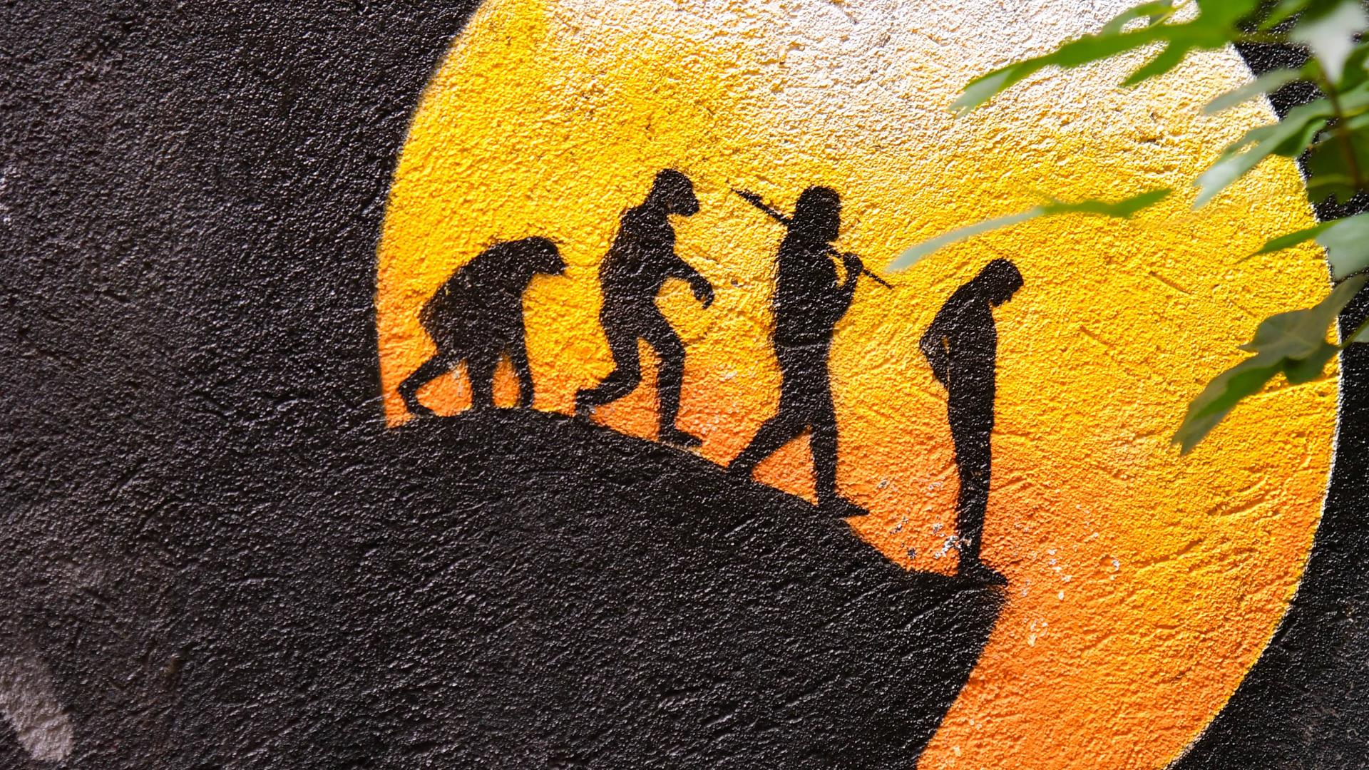 Vom Affen zum Homo sapiens am Abgrund. Ein Graffito zu Evolution, fotografiert in den Hackeschen Höfen in Berlin Mitte.