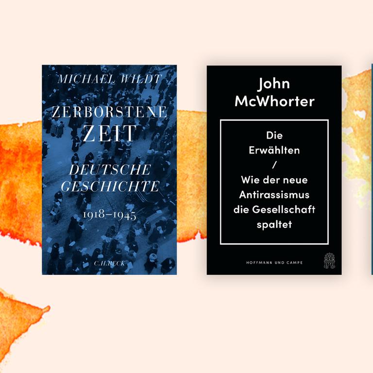 Auf einem orange farbenen Hintergrund sind die drei Buchcover der Sachbuchbestenliste im Februar abgebildet: Michael Wildt: "Zerborstene Zeit", John McWhorter: "Die Erwählten", Thomas von Steinäcker: "Ende offen" (v.l.n.r.).
