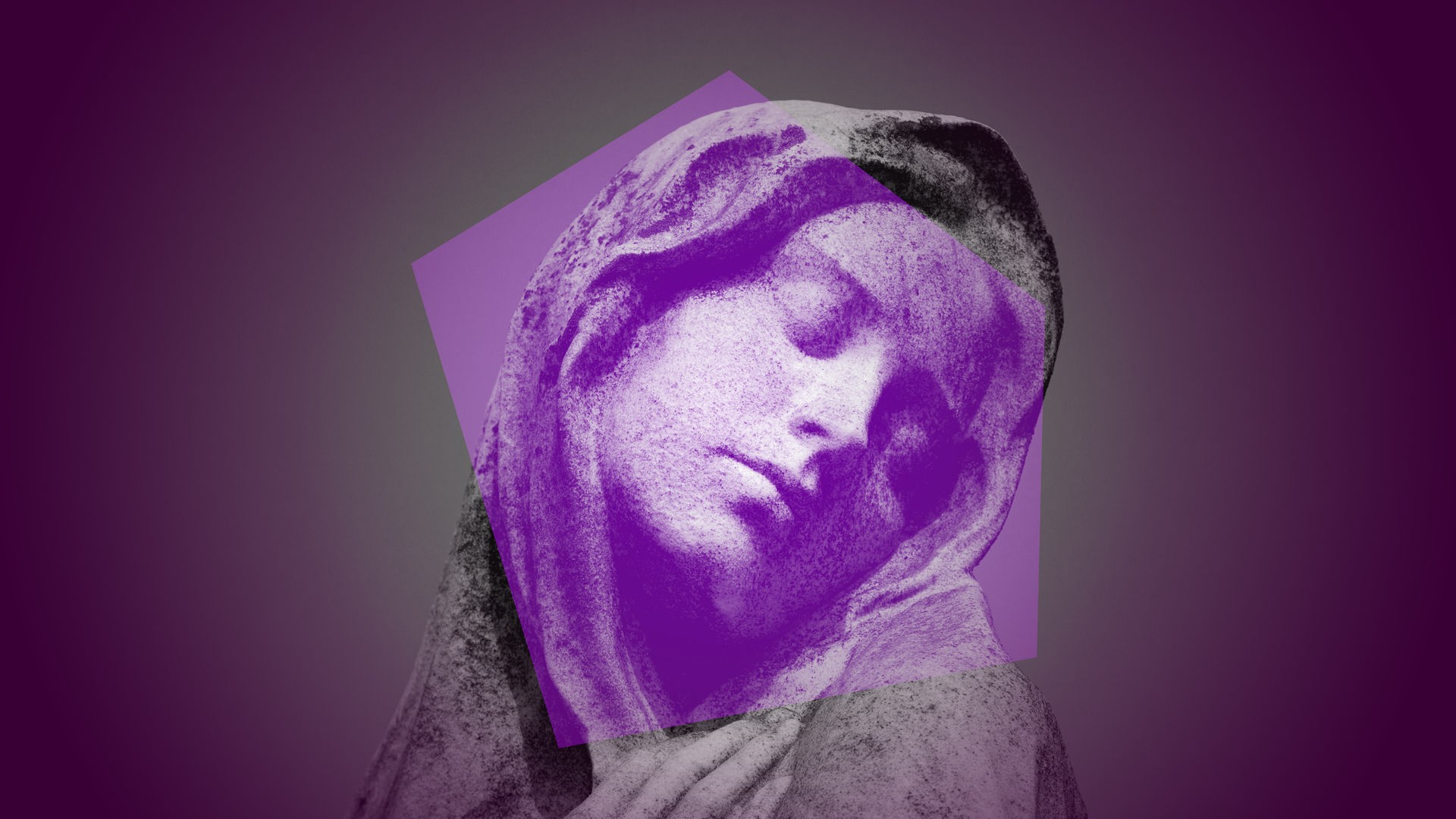 Das violett eingefärbte Bild einer Madonnaskulptur wird von einem violetten Mosaikstück überlagert.