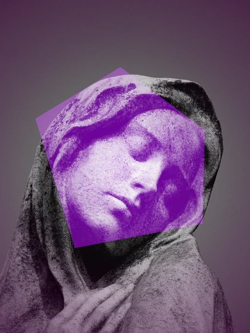 Das violett eingefärbte Bild einer Madonnaskulptur wird von einem violetten Mosaikstück überlagert.