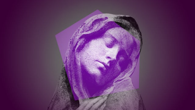 Das violett eingefärbte Bild einer Madonnaskulptur wird von einem violetten Mosaikstück überlagert.