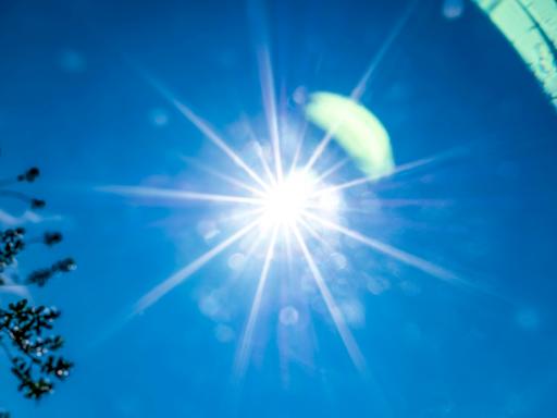 Die Sonne flimmert am blauen Himmel.
