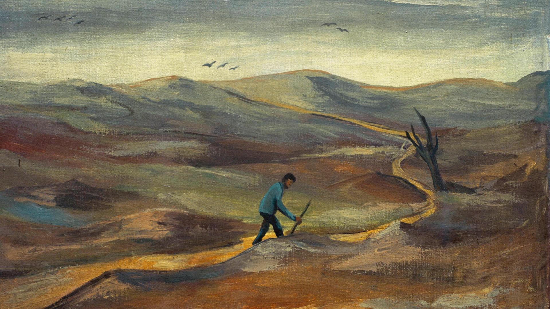 Das Gemälde "Der wandernde Jude" von Felix Nussbaum zeigt eine Gestalt, die mit einem Wanderstock durch eine karge Berglandschaft läuft.