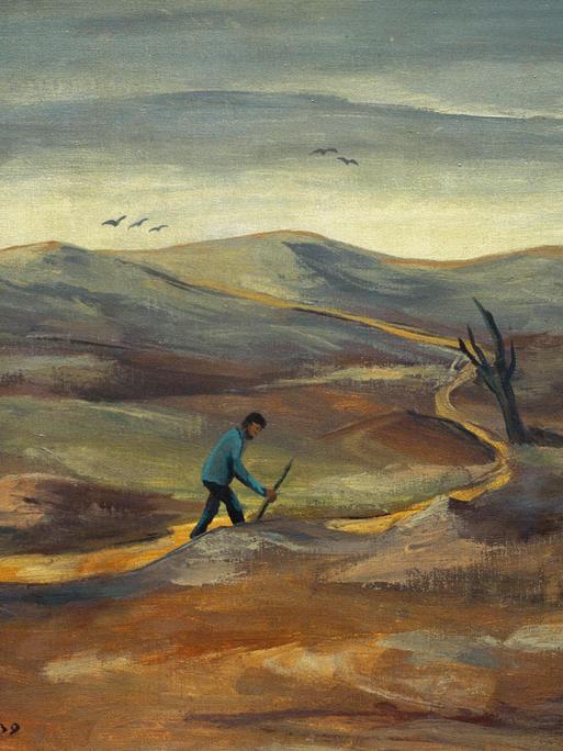 Das Gemälde "Der wandernde Jude" von Felix Nussbaum zeigt eine Gestalt, die mit einem Wanderstock durch eine karge Berglandschaft läuft.