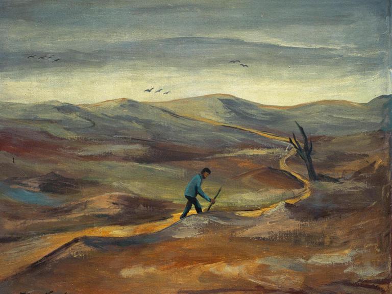 Das Gemälde "Der wandernde Jude" von Felix Nussbaum zeigt eine Gestalt, die mit einem Wanderstock durch eine karge Berglandschaft läuft.