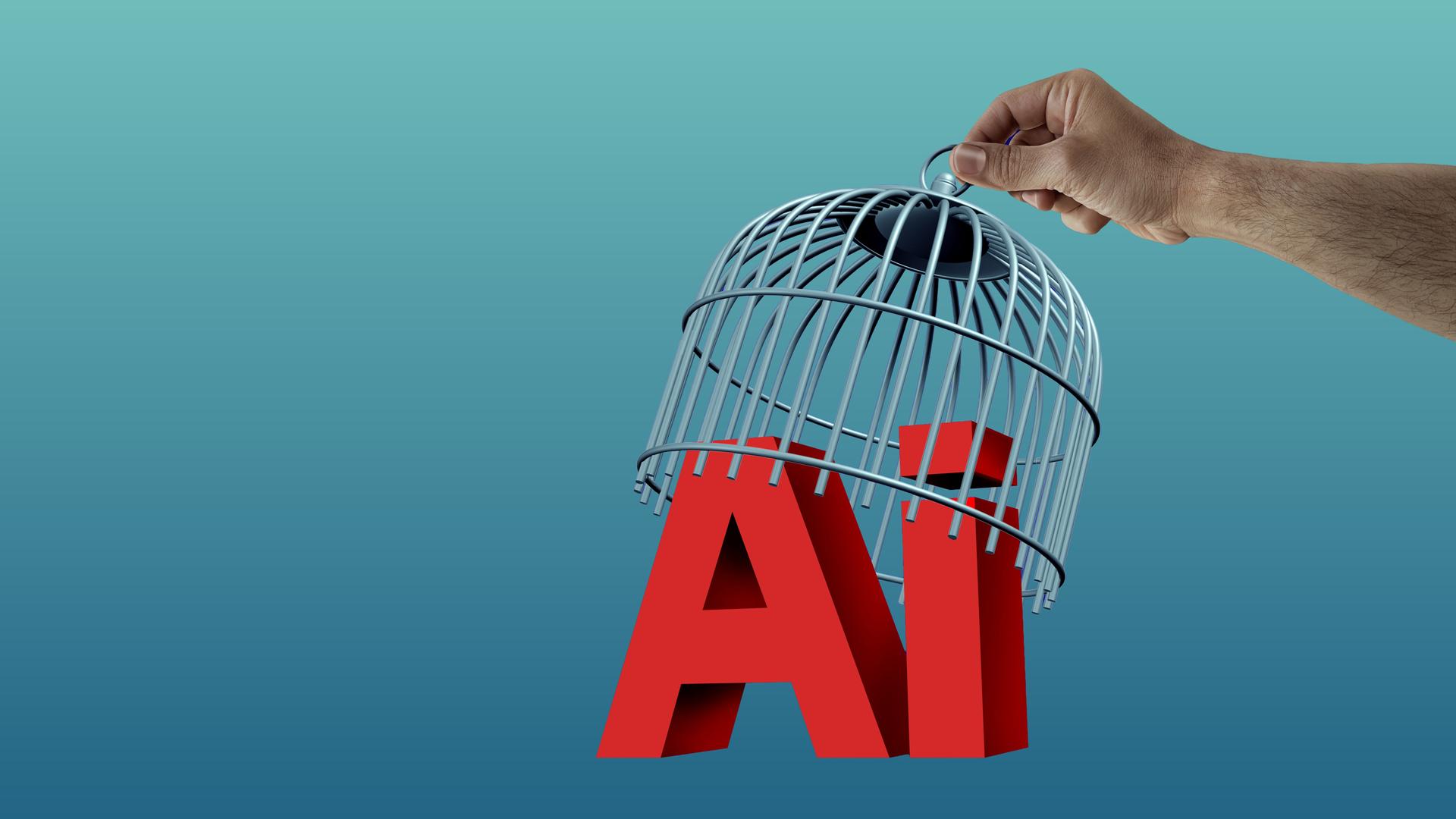 3D-Illustration eines Vogelkäfigs, der von einer Hand am Bildrand angehoben wird. Darunter stehen die Buchstaben AI. 3D-Illustration eines Vogelkäfigs, der von einer Hand am Bildrand angehoben wird. Darunter stehen die Buchstaben AI.