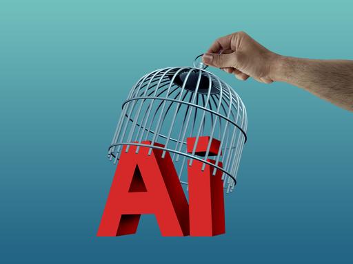 3D-Illustration eines Vogelkäfigs, der von einer Hand am Bildrand angehoben wird. Darunter stehen die Buchstaben AI.