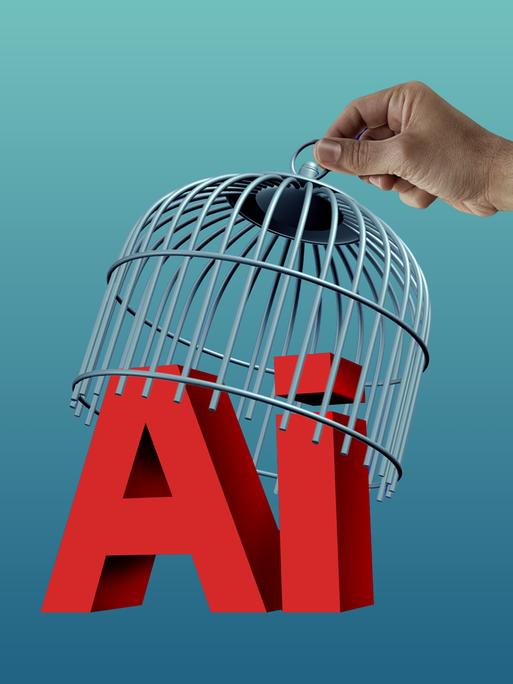 3D-Illustration eines Vogelkäfigs, der von einer Hand am Bildrand angehoben wird. Darunter stehen die Buchstaben AI.