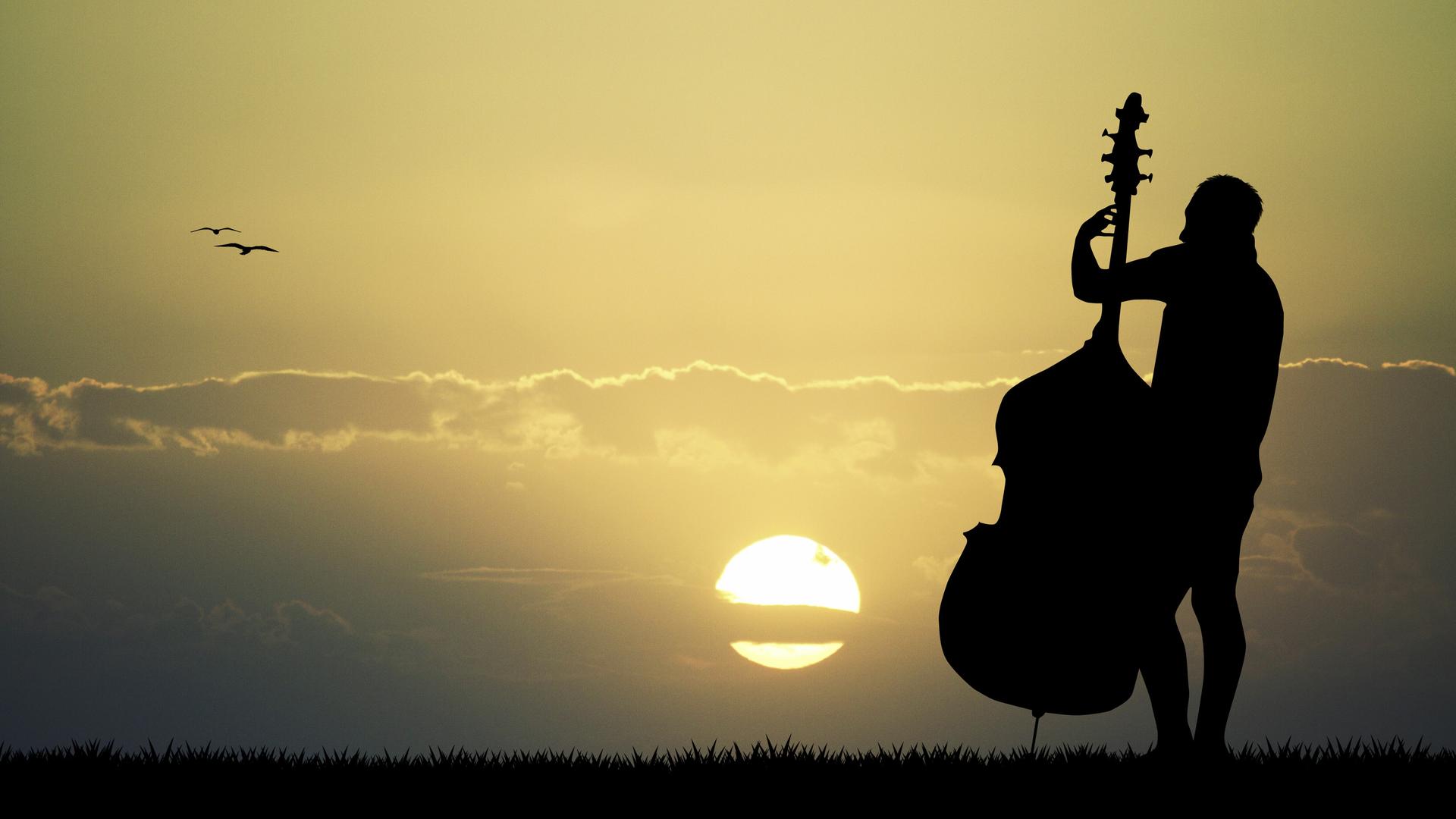 Illustration: Mann mit Cello bei Sonnenuntergang.