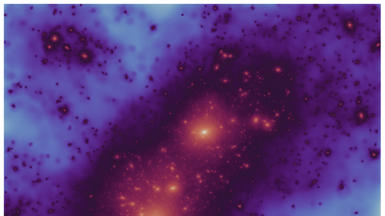 Ohne Dunkle Materie geht es nicht: Hoch aufgelöste Simulation der Entwicklung zweier großer Galaxien ähnlich der Milchstraße und der Andromeda-Galaxie.