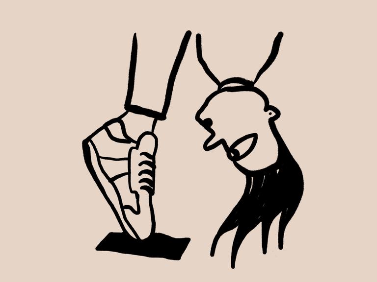 Skizze einer Person, die sich auf Zehenspitzen vornüberbeugt, man sieht nur die Turnschuhe und den Kopf