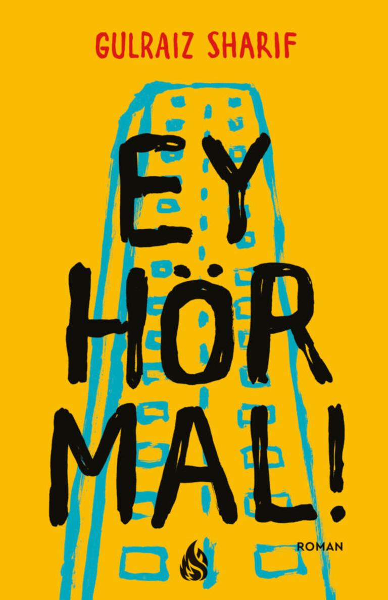 Cover des Romans "Ey hör mal!": Auf das gelbe Cover ist in hellblau ein Hochhaus gezeichnet. Darüber steht in schwarzen Großbuchstaben der Buchtitel. Cover des Romans "Ey hör mal!": Auf das gelbe Cover ist in hellblau ein Hochhaus gezeichnet. Darüber steht in schwarzen Großbuchstaben der Buchtitel.