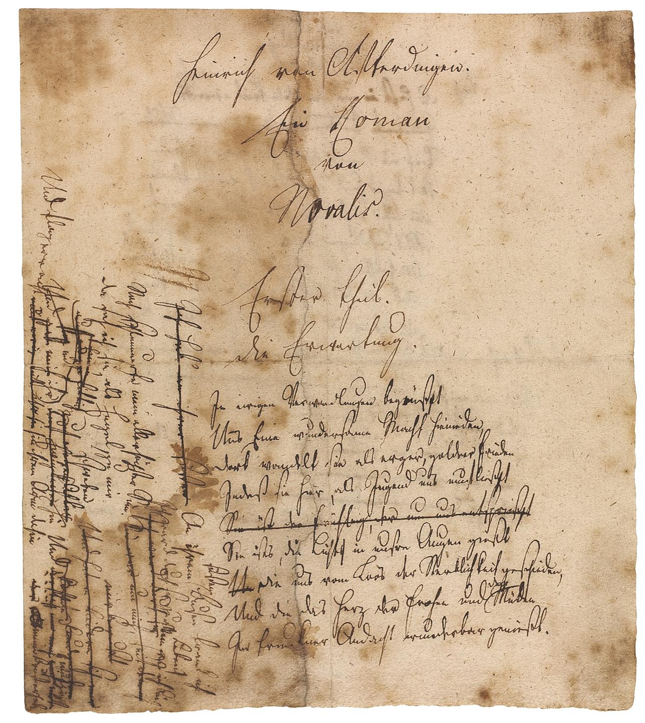 Seltene Novalis-Handschrift: ein beidseitig beschriebenes Blatt aus einem Entwurf zum Romanfragment "Heinrich von Ofterdingen".