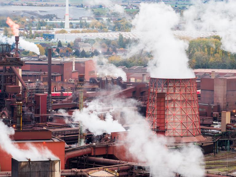 Luftaufnahme eines großen Stahlwerks: rostrot-braune Industrieanlagen, Hochöfen und ein markanter Kühlturm, aus mehreren Schloten steigt dichter weißer Dampf auf. Im Hintergrund liegen Wälder und flaches Land unter bedecktem Himmel.