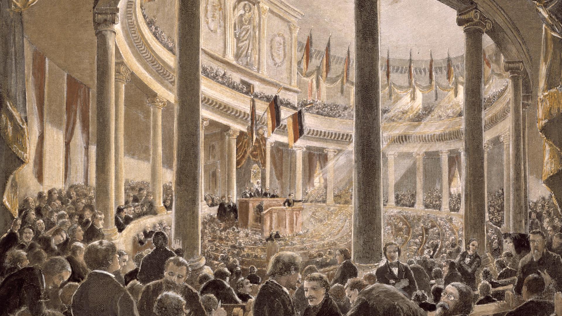 Eröffnung Nationalversammlung/Vantadour Revolution 1848/49. Deutsche Nationalversammlung in der Paulskirche in Frankfurt a.M. Eröffnung am 18. Mai 1848 mit Heinrich von Gagern als Präsident. Holzstich, koloriert, um 1890, nach zeitgen. Zeichnung von Vantadour.