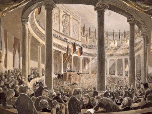 Eröffnung Nationalversammlung/Vantadour Revolution 1848/49. Deutsche Nationalversammlung in der Paulskirche in Frankfurt a.M. Eröffnung am 18. Mai 1848 mit Heinrich von Gagern als Präsident. Holzstich, koloriert, um 1890, nach zeitgen. Zeichnung von Vantadour.