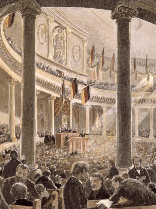 Eröffnung Nationalversammlung/Vantadour Revolution 1848/49. Deutsche Nationalversammlung in der Paulskirche in Frankfurt a.M. Eröffnung am 18. Mai 1848 mit Heinrich von Gagern als Präsident. Holzstich, koloriert, um 1890, nach zeitgen. Zeichnung von Vantadour.