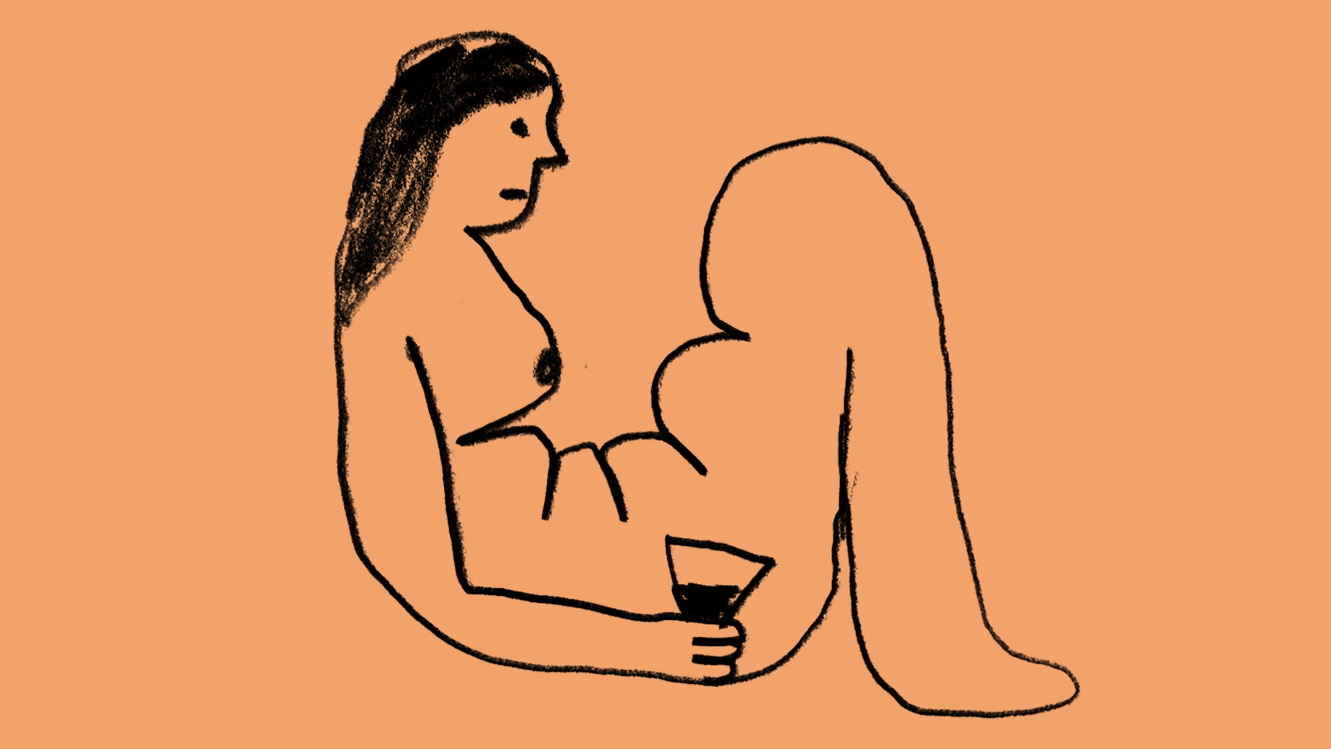 Eine Frau mit seltsamen Knubbeln am Unterkörper liegt halb gelassen/halb ein wenig traurig mit einem Glas Wein in der Hand auf dem Boden. Eine Frau mit seltsamen Knubbeln am Unterkörper liegt halb gelassen/halb ein wenig traurig mit einem Glas Wein in der Hand auf dem Boden.