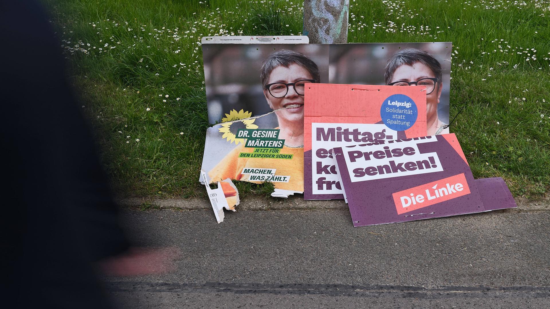 Abgerissene Wahlplakate der Grünen und Linken liegen am Boden vor einer Wiese neben einem Laternenmast im Leipziger Stadtteil Lößnig