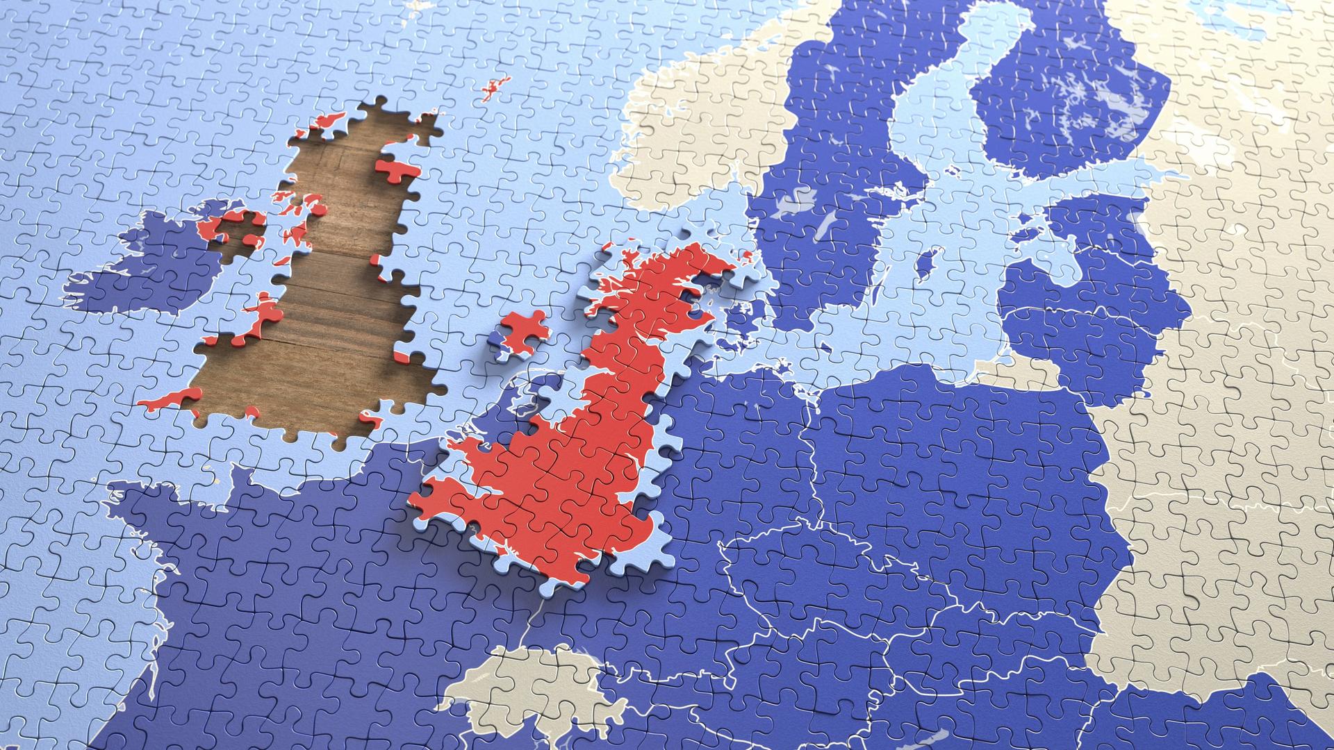 Ein Europa-Puzzle aus dem das Vereinte Königreich entfernt wurde. Ein Europa-Puzzle aus dem das Vereinte Königreich entfernt wurde.