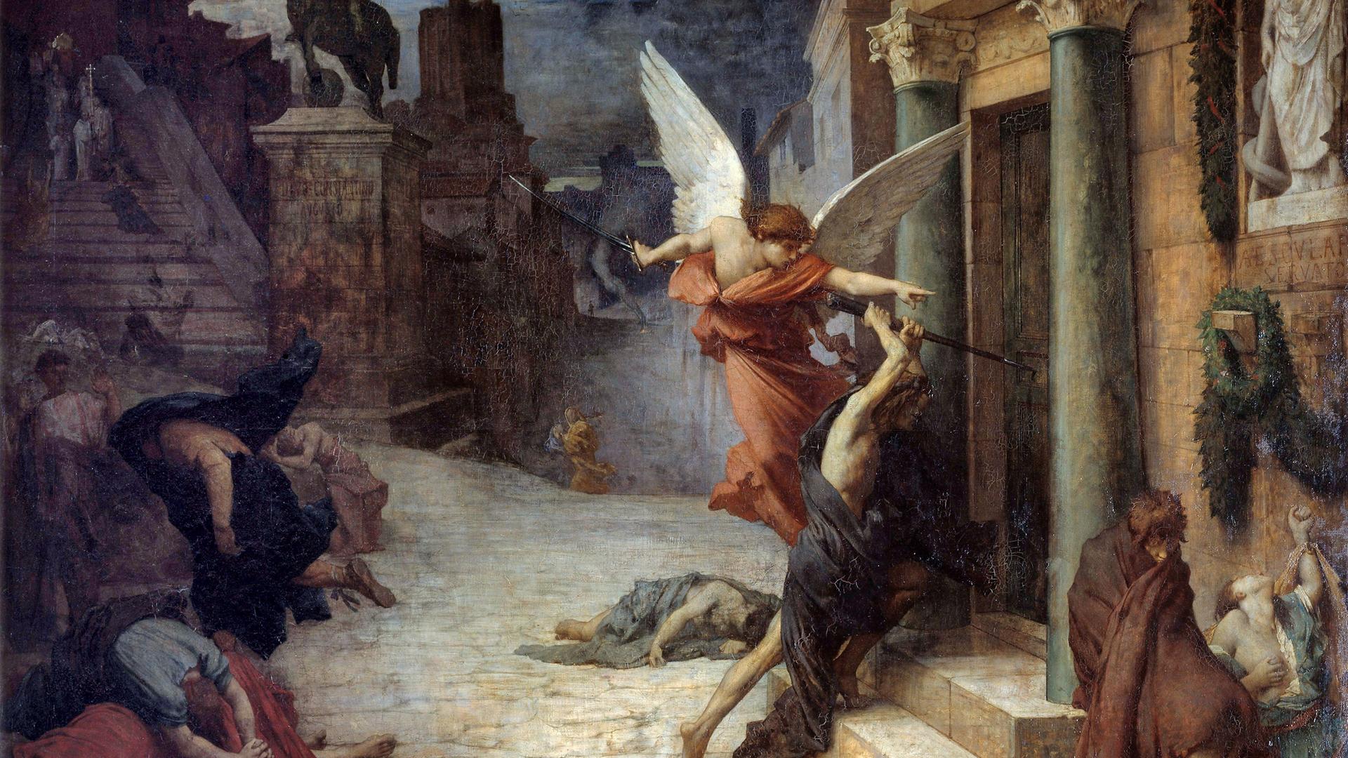 Reproduktion des Gemäldes "Die Pest in Rom". Eine allegorische Darstellung der Geißel, die die Türen einbricht. Gemälde von Jules Elie Delaunay (1828-1891), 1869. 1,31 x 1,76 m. Orsay-Museum, Paris