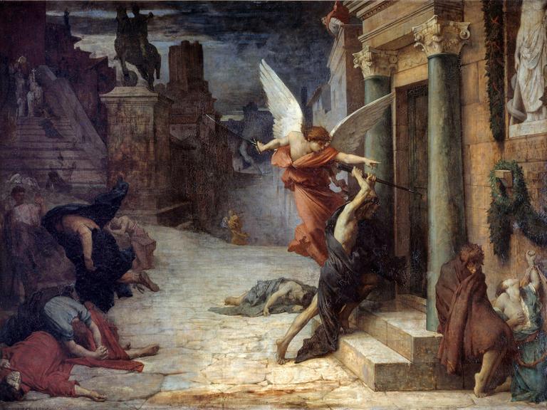 Reproduktion des Gemäldes "Die Pest in Rom". Eine allegorische Darstellung der Geißel, die die Türen einbricht. Gemälde von Jules Elie Delaunay (1828-1891), 1869. 1,31 x 1,76 m. Orsay-Museum, Paris