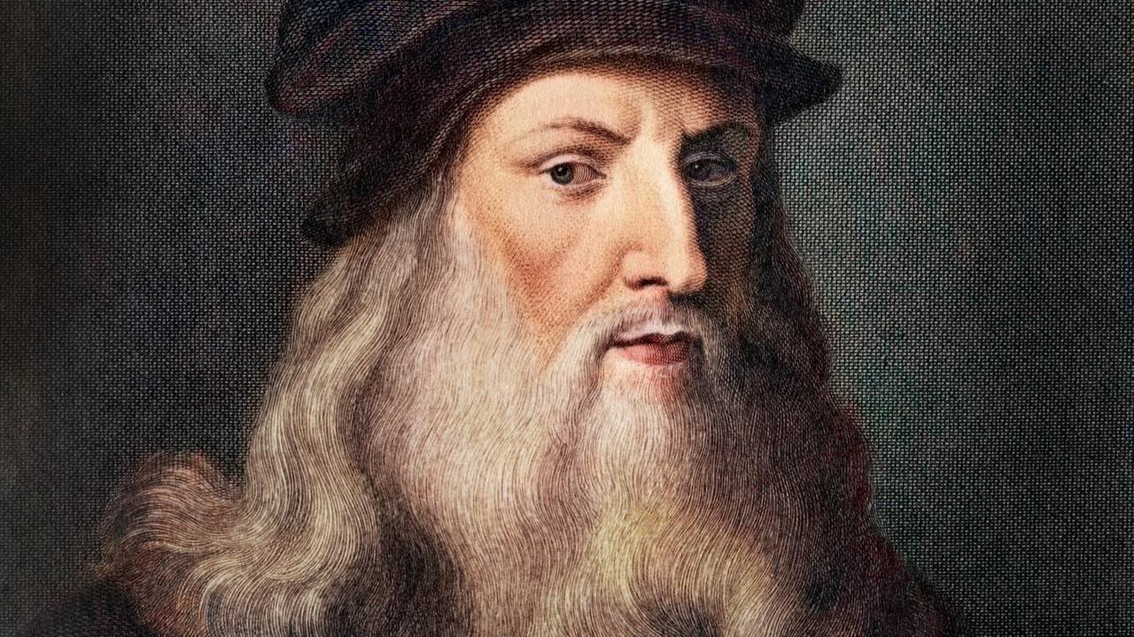 Eine Radierung zeigt ein Porträt von Leonardo da Vinci mit Vollbart und Hut.