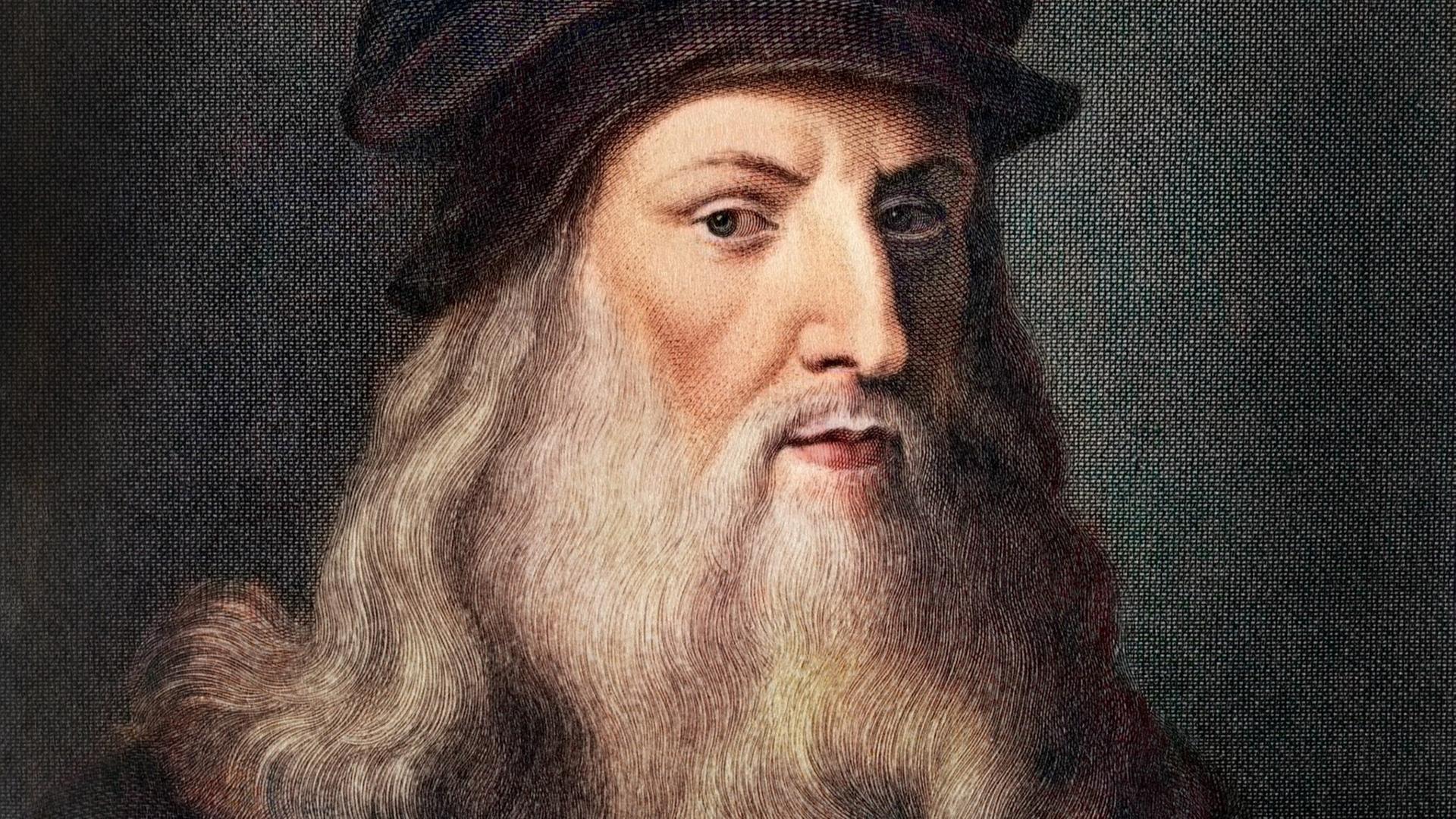 Eine Radierung zeigt ein Porträt von Leonardo da Vinci mit Vollbart und Hut.