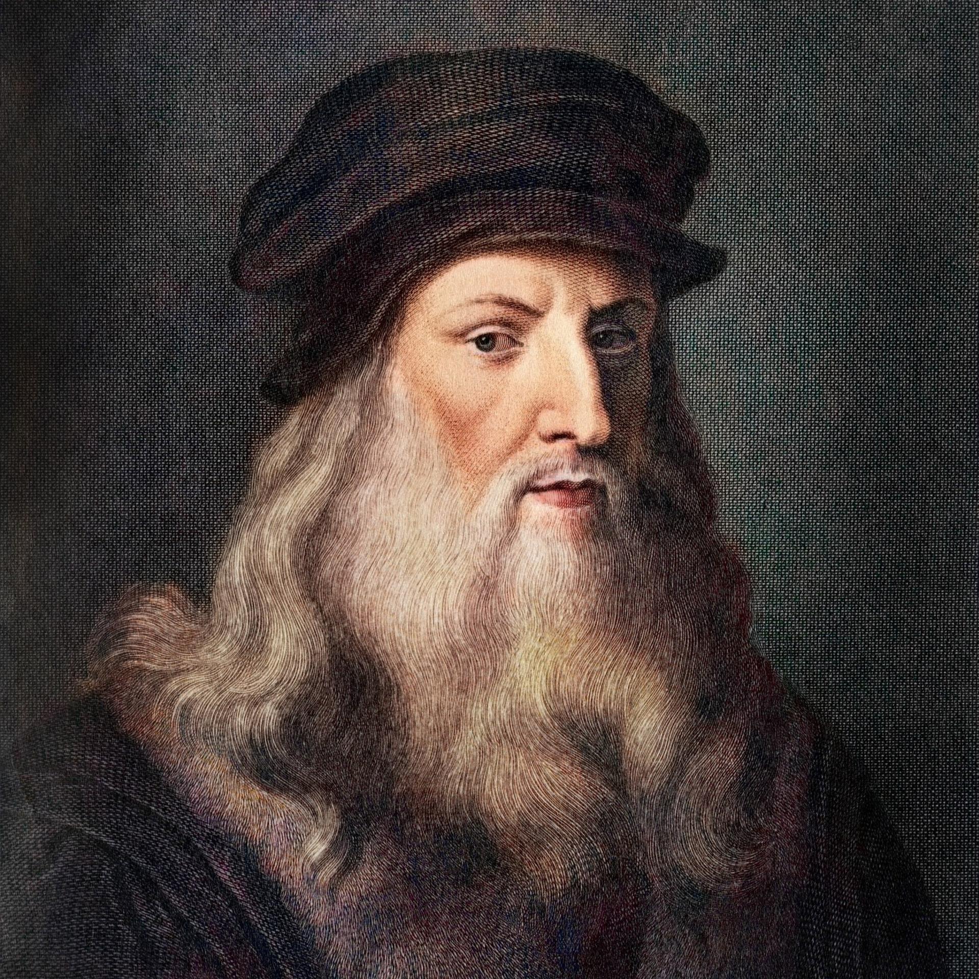Eine Radierung zeigt ein Porträt von Leonardo da Vinci mit Vollbart und Hut.