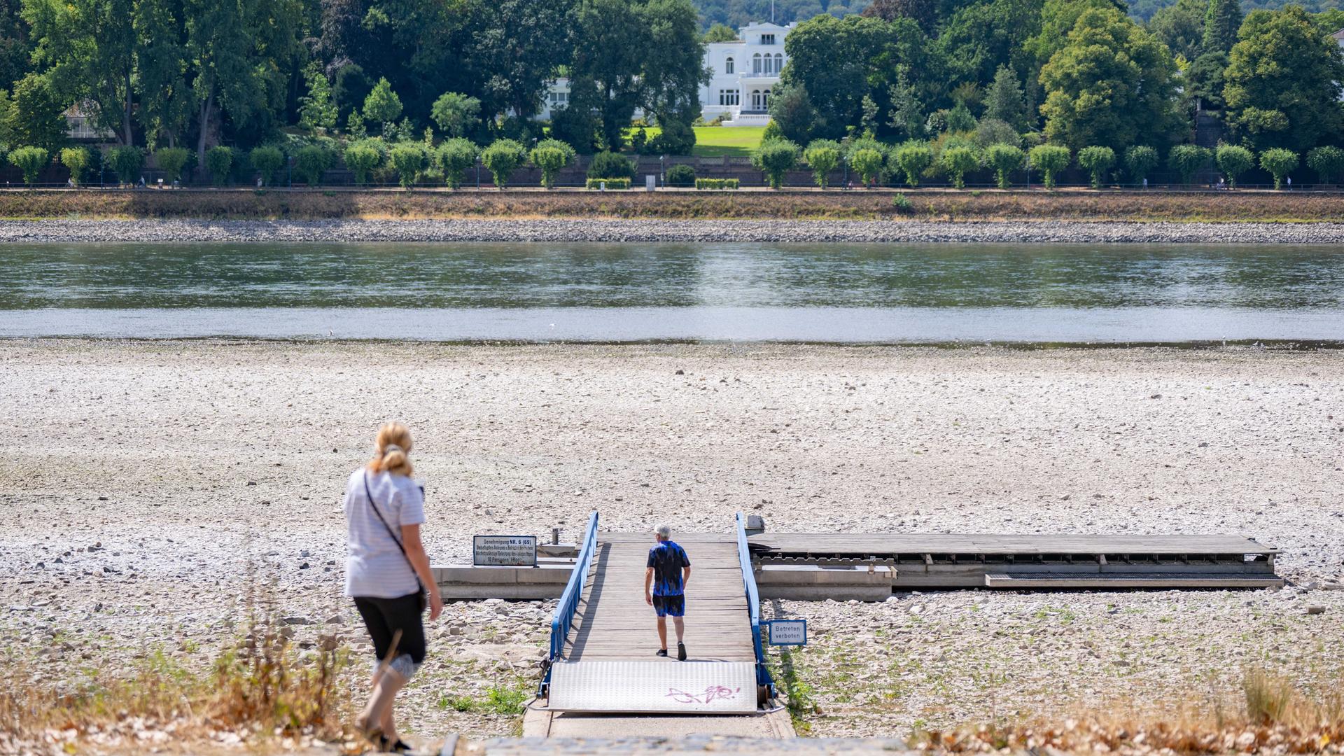Der Anleger eines Rudervereines gegenüber der Villa Hammerschmidt in Bonn liegt auf dem Trockenen.