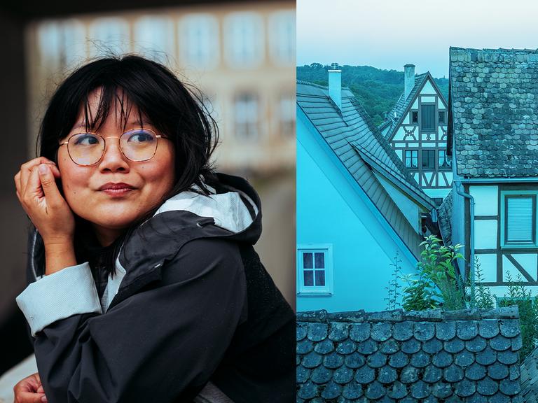 Das Logo des Podcasts "Auf Heimatsuche" zeigt die Autorin Anh Tran in einer Bildcollage mit einem Fachwerkhaus