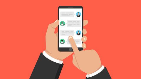 Illustration eines Chatbot-Dialogs auf einem Mobiltelefon. Mann plaudert mit Chatbot auf Smartphone.  
