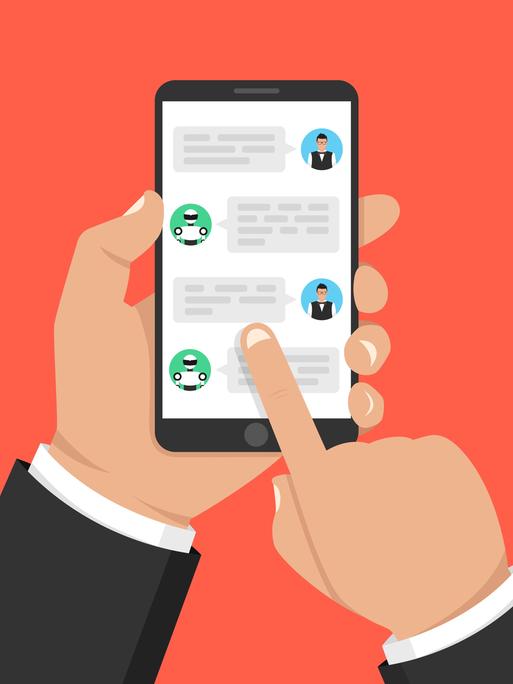 Illustration eines Chatbot-Dialogs auf einem Mobiltelefon. Mann plaudert mit Chatbot auf Smartphone.  