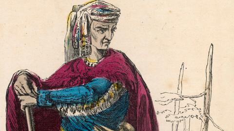 Eine Zeichnung von Häuptling Metacomet vom Stamm Wampanoag in traditioneller Kleidung im Ganzkörperbild, er lehnt an einem Gewehr. Eine Zeichnung von Häuptling Metacomet vom Stamm Wampanoag in traditioneller Kleidung im Ganzkörperbild, er lehnt an einem Gewehr.
