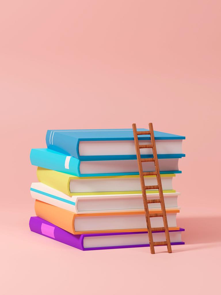 3D Illustration von farbigen Büchern, die aufeinander gestapelt auf einem rosa farbenen Hintergrund liegen. An ihnen lehnt eine kleine Leiter.