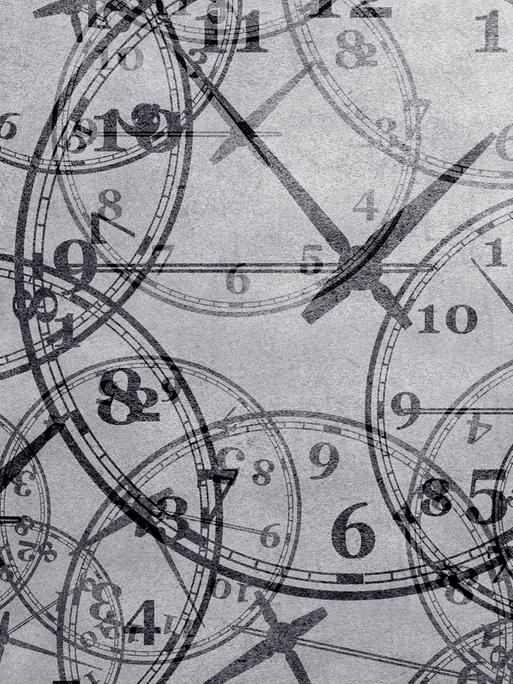 Illustration: Viele Uhren deren Zifferblätter übereinander liegen.