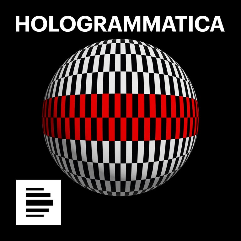 Das Cover des Podcasts "Hologrammatica" zeigt eine Kugel mit einem schwarz-weißen Kachelmuster, deren Äquator ein rot-schwarz gekachelter Streifen bildet. 