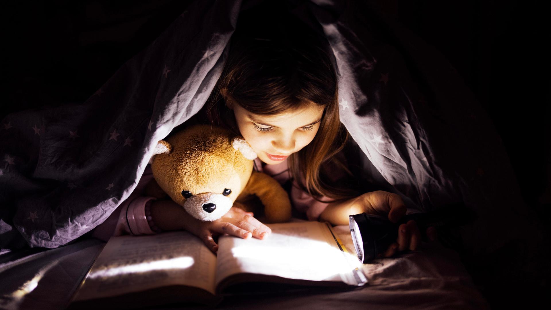 Kind, das ein Buch unter einer Decke mit einem Teddybär liest, beleuchtet von Taschenlampe.