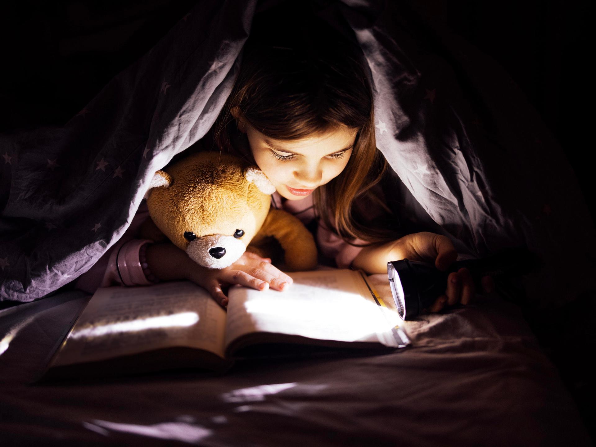 Kind, das ein Buch unter einer Decke mit einem Teddybär liest, beleuchtet von Taschenlampe. Kind, das ein Buch unter einer Decke mit einem Teddybär liest, beleuchtet von Taschenlampe.