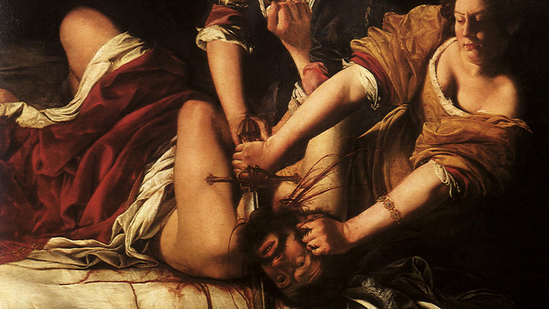 Digitale Reproduktion des Gemäldes "Judith und Holofernes" von Artemisia Gentileschi (1593–1654
zwischen 1612–1613 gemalt. Dargestellt ist die Enthauptung des schlafenden Holofernes durch Judith. Es befindet sich heute im Museo di Capodimonte in Neapel.